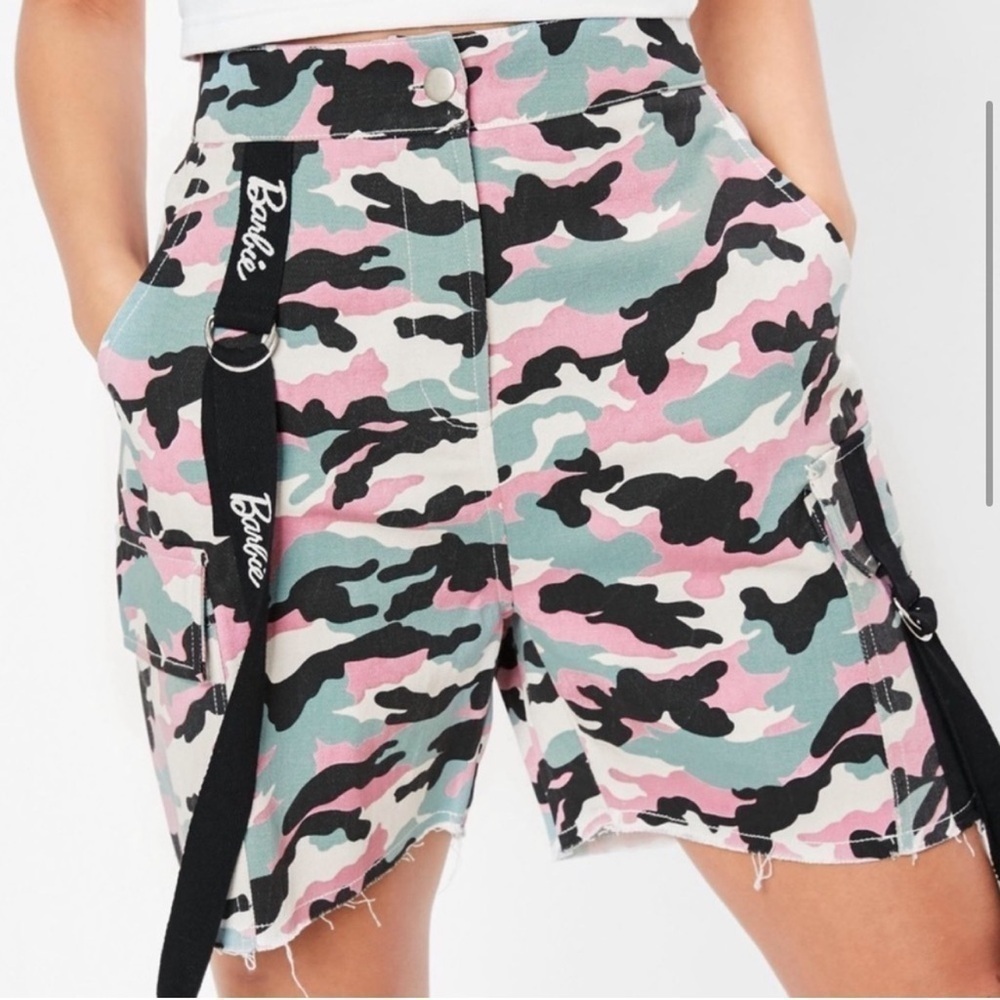Missguided Barbie high rise pink camouflage high rise raw hem retro army shorts